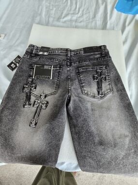 Kid's, Banned Brand,  Washed Black Gray Decorative Cross Jeans  0009